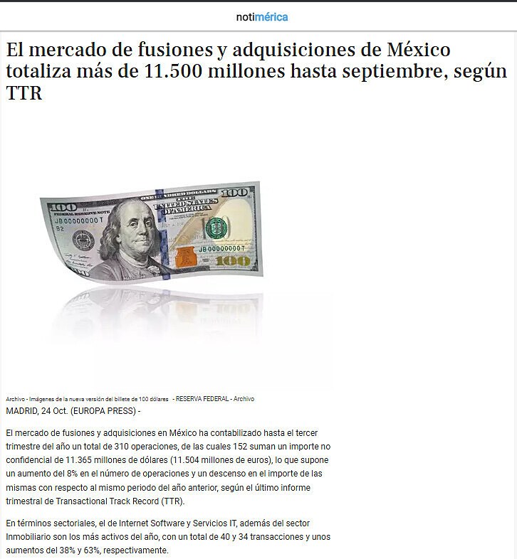 El mercado de fusiones y adquisiciones de Mxico totaliza ms de 11.500 millones hasta septiembre, segn TTR